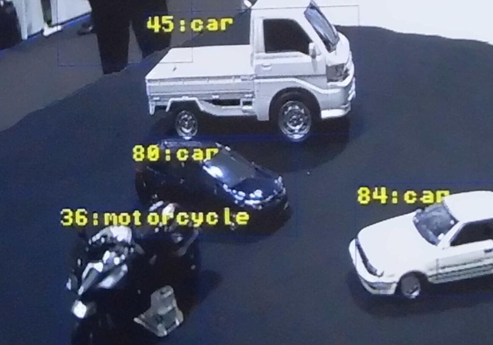 バイク=motorcycle、車=carを検出している写真